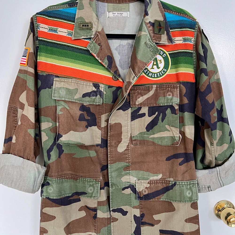 Vintage Army Camouflage Utility Jacket with Multicolor Stripes w Athletics patch